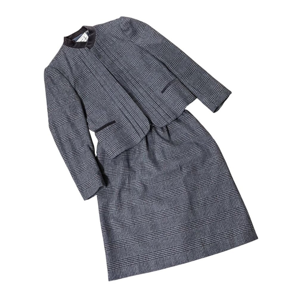 Vintage Gray Houndstooth Plaid Suit Blazer Skirt Set Size 12 Japan 70s Business